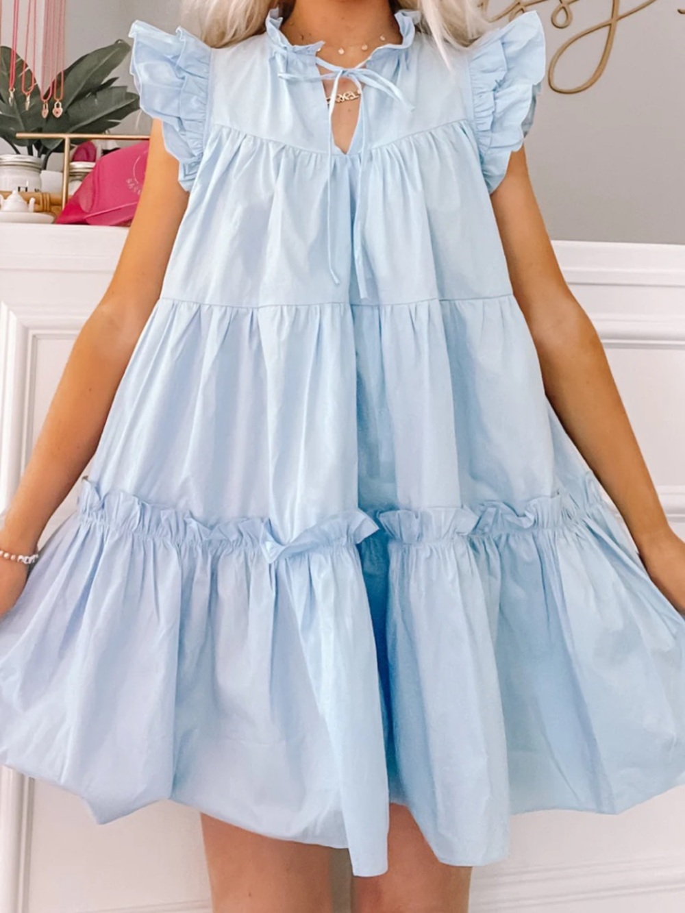 Day + Moon Light Blue Ruffle Tiered Mini Dress Large